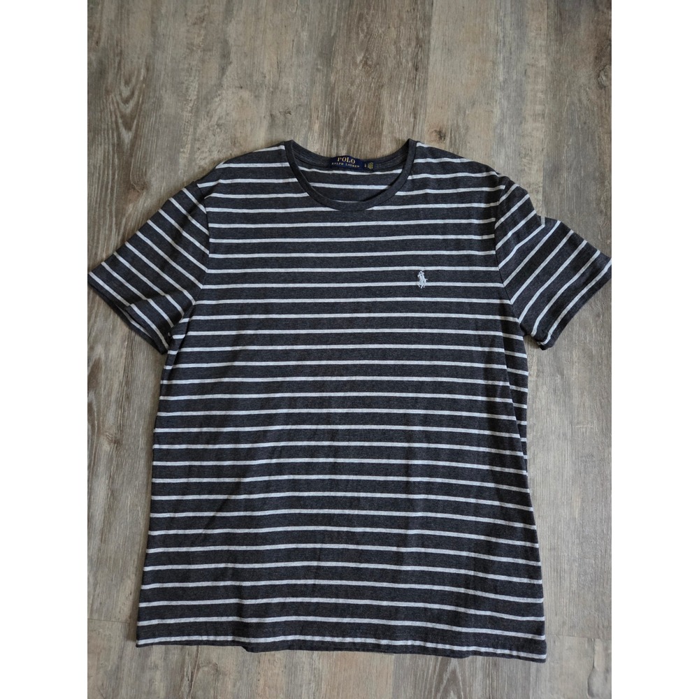 Polo Ralph Lauren Mens Striped T-Shirt Charcoal Grey White Pony Logo Large